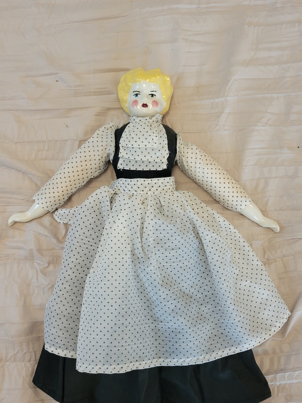 Replica Ceramic Head Doll With White Polka Dot Long Sleeve Dress